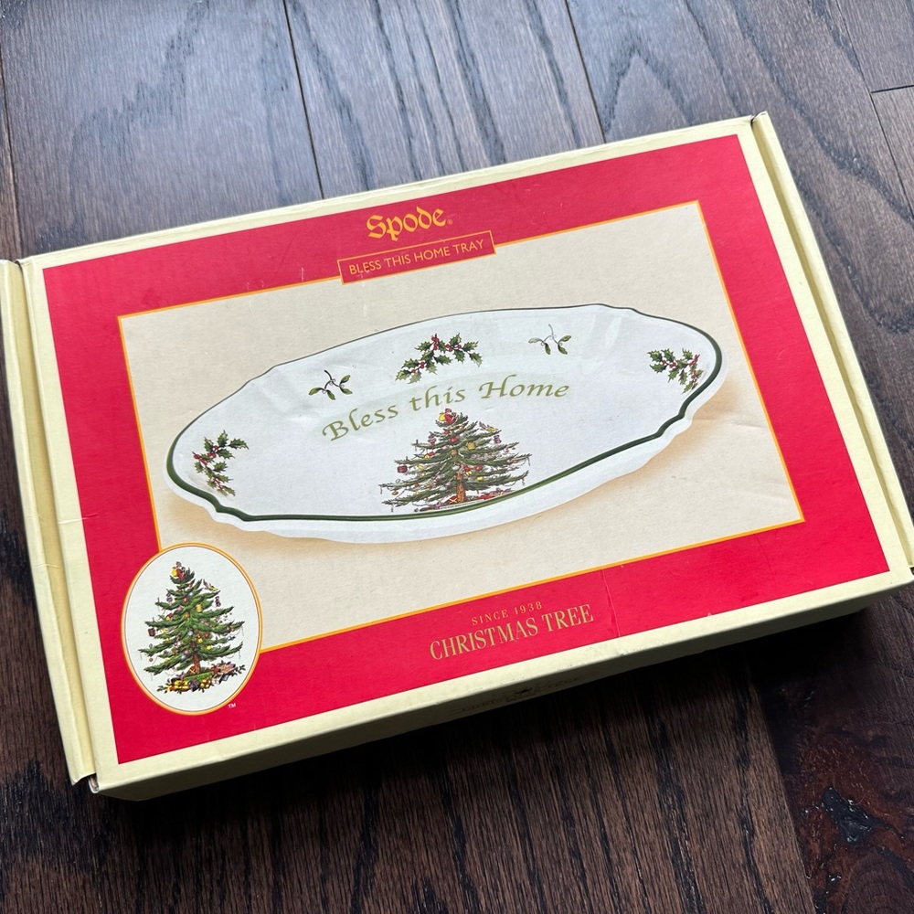 Spode China Christmas Tree “Bless this Home” Tray w/ box